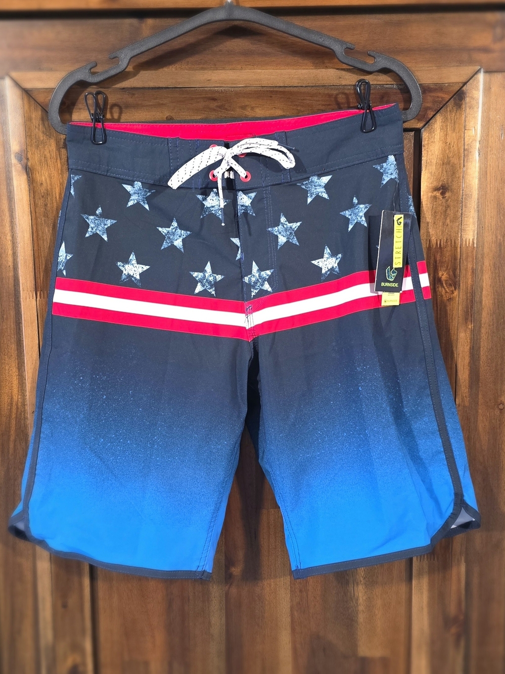 NWT Burnside Blue Ombre Starboard Swim Board Shorts with Red Stripe